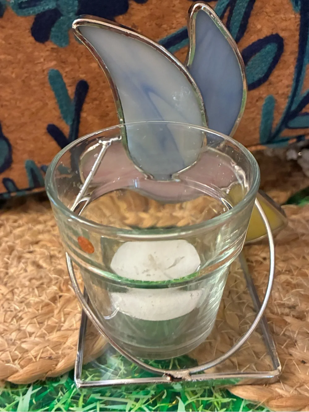 Stained Glass Bird Tealight Holder in Pink and Light Blue